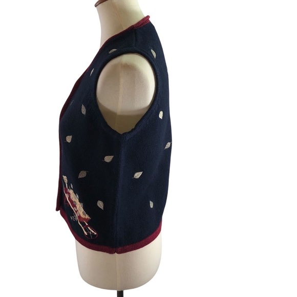 Vintage Y2K Ramie Cotton Embroidered Knit Vest Sz S Navy Wine Cat Bird Novelty - Picture 5 of 11